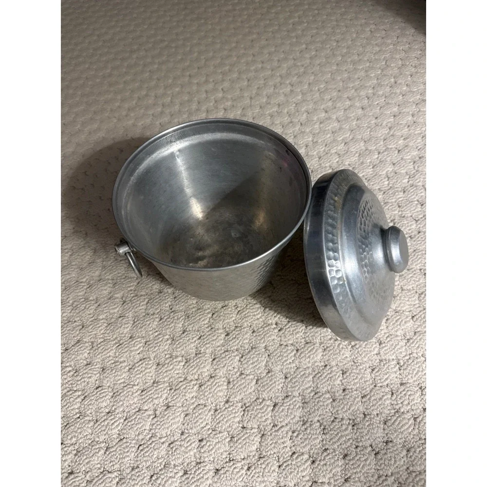Vintage Hammered Aluminum Ice Bucket with Lid and Ring Handles Silver Barware